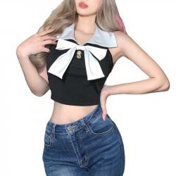 Damen Grunge Double Color Bowknot Crop Top