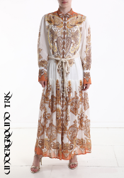 Langes Hemdblusenkleid im Jacquardmuster mit Volants aus Kordel 