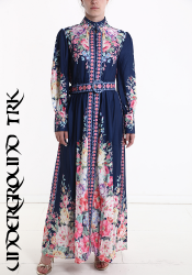 Langes Hemdblusenkleid mit Blumenmuster und Gürtel 