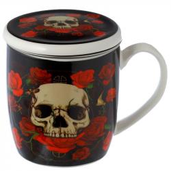 Skulls & Roses Totenkopf Tasse aus Porzellan mit Teeei und Decke